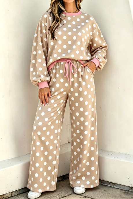 卡其色波点撞色滚边长袖上衣抽绳直筒裤套装