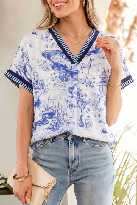 Modra bluza s kratkimi rokavi in ​​črtastim robom z V-izrezom Wild Animal Paradise LC25136904-P520