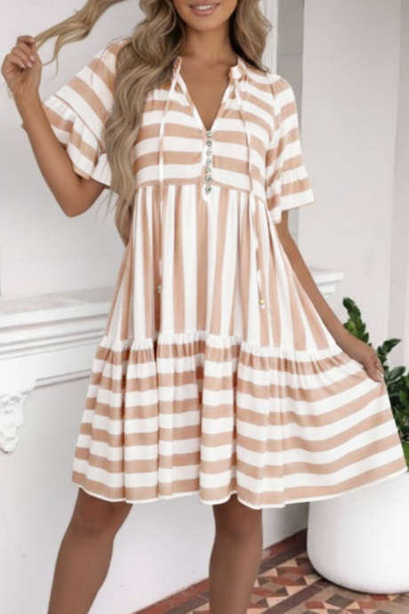 Khaki Stripe Tie V Neck Ruffle Trim Short Sleeve Flared Summer Dress