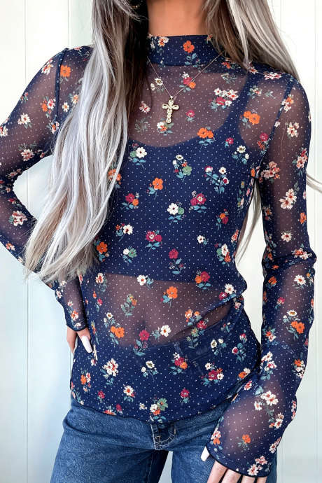 Asul na Floral Mesh High Neck Long Sleeve Sheath Pullover