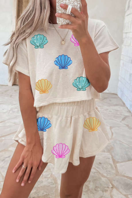 Beige Colorful Sequin Shells Cropped Tee High Waist Skort Set