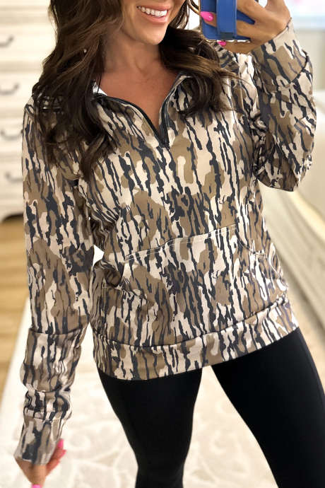 Brown Camouflage Print Quarter Zip Long Sleeve Pullover Sweatshirt