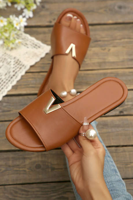 Camel V Shape Metal Decor PU Leather Flat Slippers BH023919-P1016