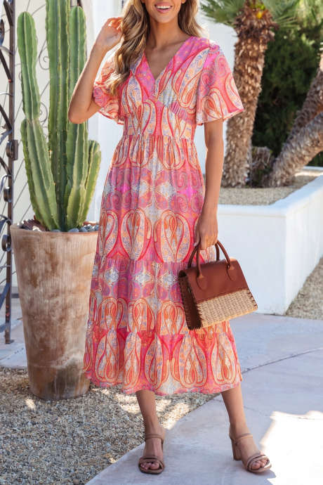 Robe maxi bohème à manches courtes et col en V, imprimé cachemire multicolore, ornée de volants LC6128748-P22