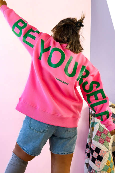Sachet Pink BE YOURSELF Slogan Print Oversized Pullover Sweatshirt