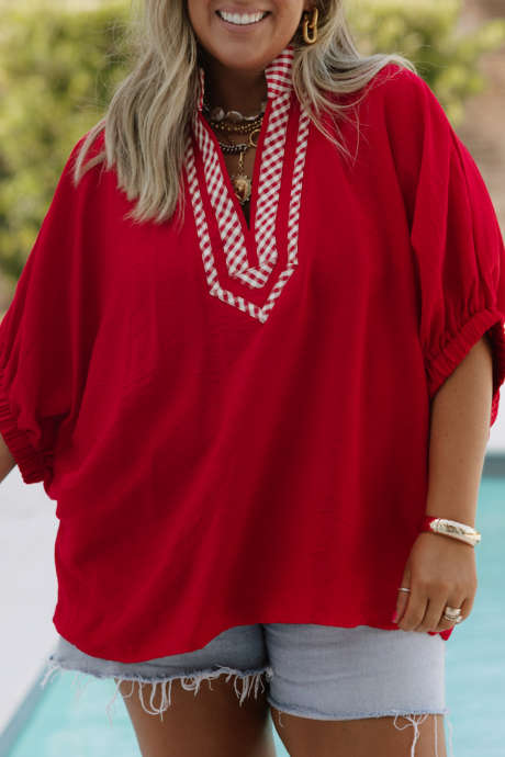 Fiery Red Plaid V Neck Tunic Short Sleeve Shift Casual Top