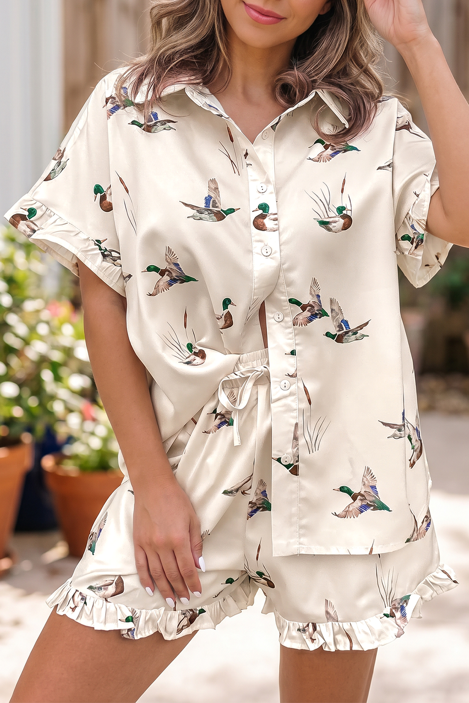 $13.18 Beige Mallard Print Shirt Style Short Two Piece Set Wholesale