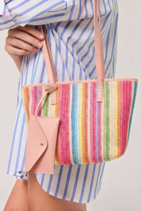 Sac cabas de plage en paille crochetée Bonbon Boho avec pochette de voyage BH031722-P3010