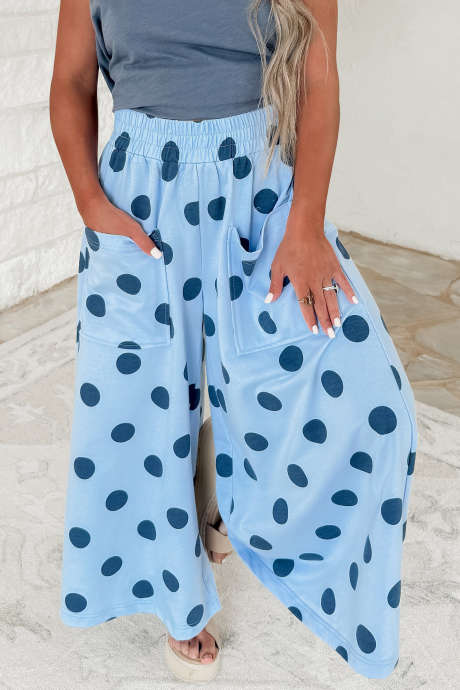 Pantalon na Malapad na Paa na may Bulsa na may Polka Dot na may Elastic na Baywang na may Bulsa na Asul na Langit