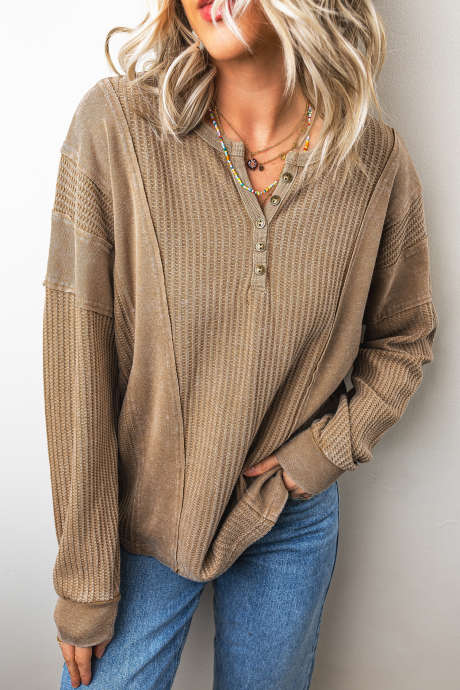 Camel Patchwork V Neck Long Sleeve Button Placket Pullover Blouse