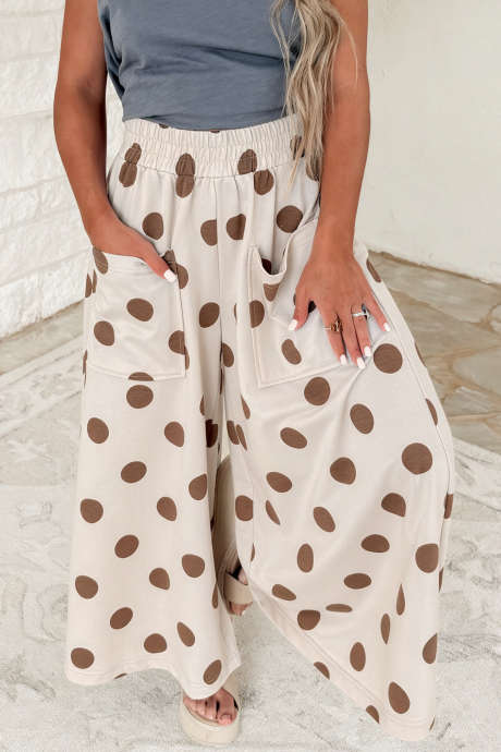 Khaki High Waist Wide Leg Polka Dot Pocket Pants