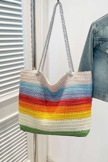 Puting Rainbow Straw Woven Boho Beach Tote Bag