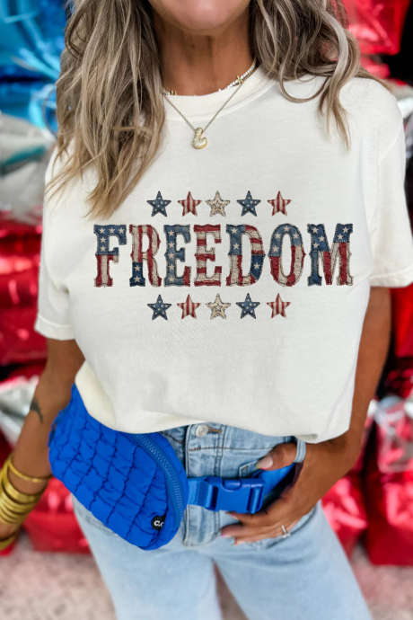 T-shirt blanc FREEDOM à col rond imprimé de lettres patriotiques LC25232259-1