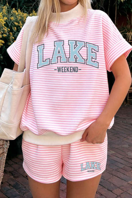 Maikling Damit na may Kulay Pink na Guhit na Contrast Trim na Mataas na Neck at Maikling Sleeve sa LAKE WEEKEND, 2 piraso