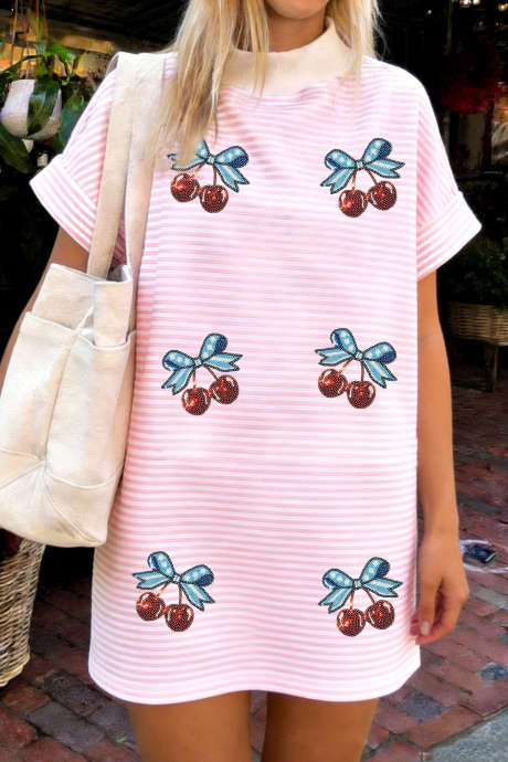 Robe t-shirt courte d'été à rayures roses et sequins cerises LC6130234-P1019