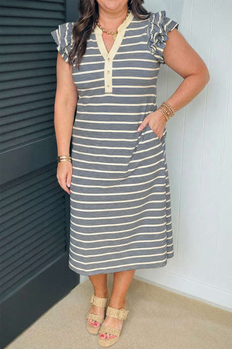 Φόρεμα σε μπλε ρίγα, κουμπιά και V λαιμόκοψη, βολάν, μανίκια σε φαρδιά γραμμή