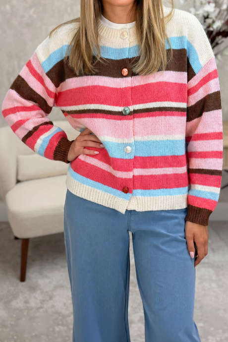 Pink Stripe Drop Shoulder Striped Colorblock Cardigan Regular Wash Casual Knitwear