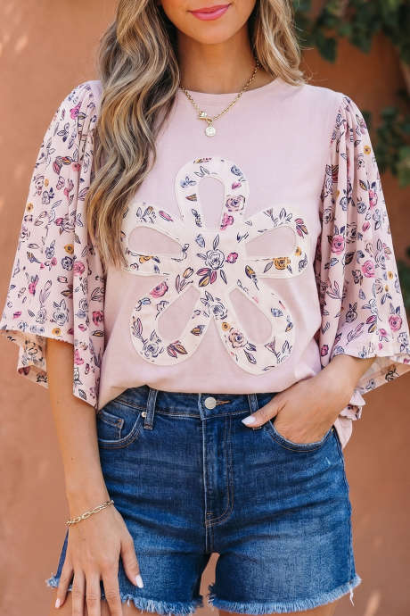 Blusang Kulay Rosas na May Patched na Floral na May Half-Mansage