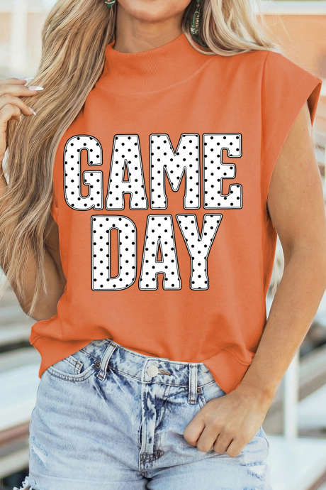 Orange Polka Dot na may Letrang May Print na GAME Day na Mataas na Leeg at Maikling Manggas na Pang-itaas LC25138640-P14