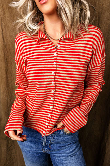 Red Stripe Dropped Shoulder Button-Up Knit Casual Shift Cardigan