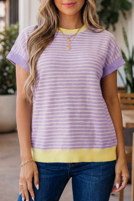 Camiseta com estampa listrada roxa, painéis coloridos e textura na gola, punhos e barra LC25230725-P819