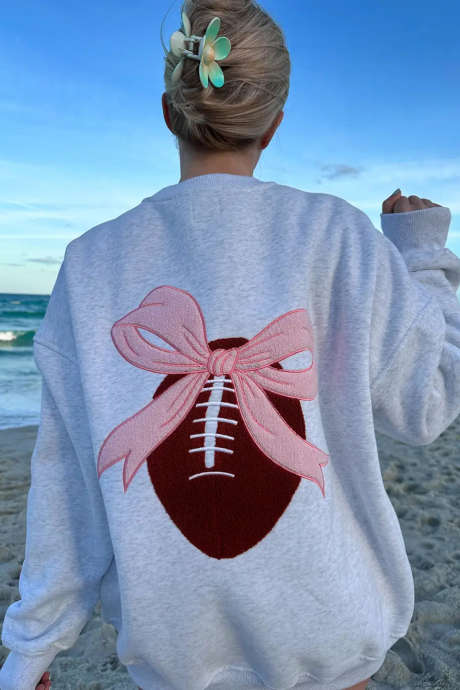 Sweatshirt na Bordado para sa Araw ng Laro ng Football na may Mapusyaw na Abo at Perlas na Kulay Rosas na may Bow