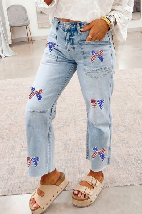 Maong na Beau Blue Patriotic Sequin Bow na may Patched Ankle-Length Shift na Hanggang Bukong-bukong