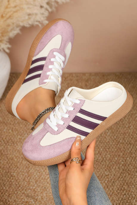 Tillandsia Purple PU Leather Color Block Varsity Lace Up Flat Shoes BH024415-P8
