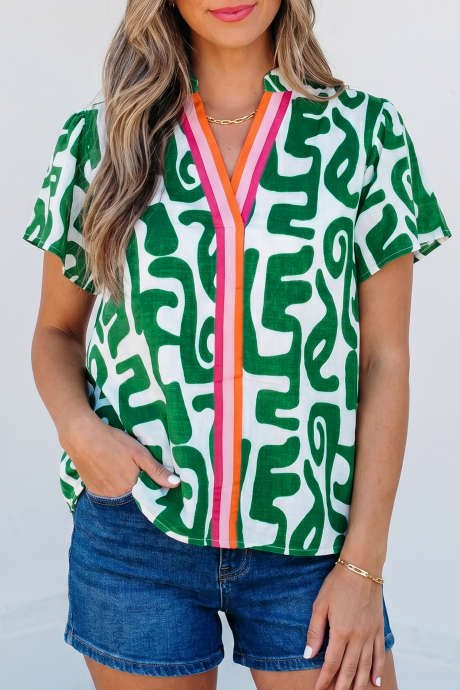 Blusang Berdeng Abstract Print na May Stripe Trim na V Neck na Maikling Manggas