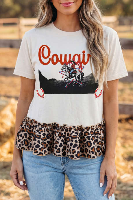 Maglietta patchwork con orlo arricciato e stampa leopardata retrò COWGIRL bianca