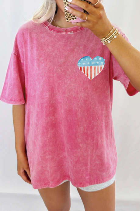 Rose Red Vintage Washed America Patriotic Heart Printed Tee
