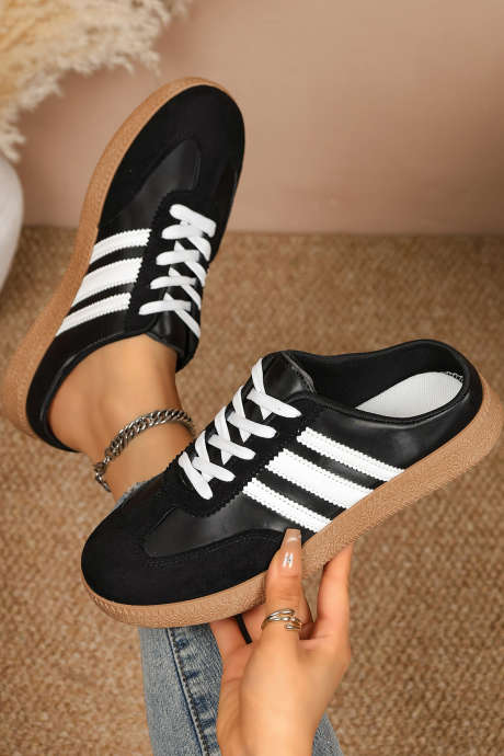 Chaussures plates à lacets style universitaire en cuir PU noir à blocs de couleur BH024415-P202