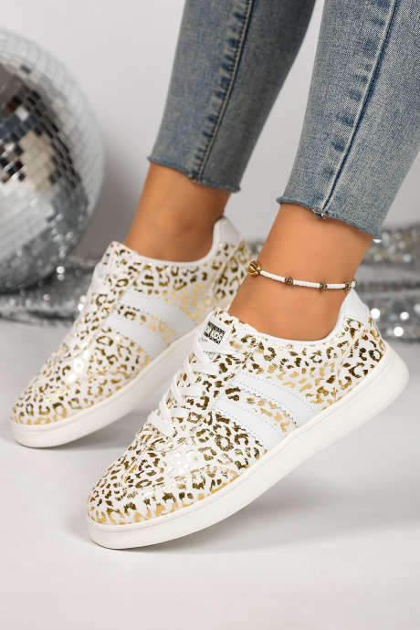 Puting Sapatos na Kaswal na may Detalye ng Leopard Print na PU Leather na may Tali BH024310-P1