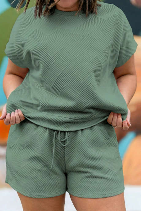 Mineral Blue Plus Size Textured Short Sleeve Top Drawstring Shorts Set PL625467-P904