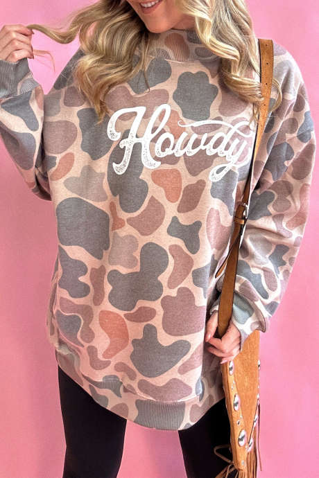 Maraming Kulay na Camo Mock Neck Howdy Oversized Sweatshirt