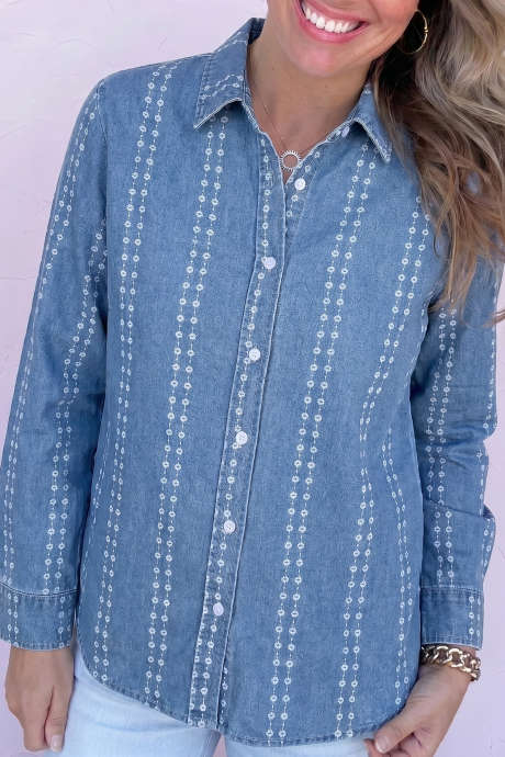 Myosotis Floral Print Button-Down Shirt Long Sleeve Casual Cowboy jacket