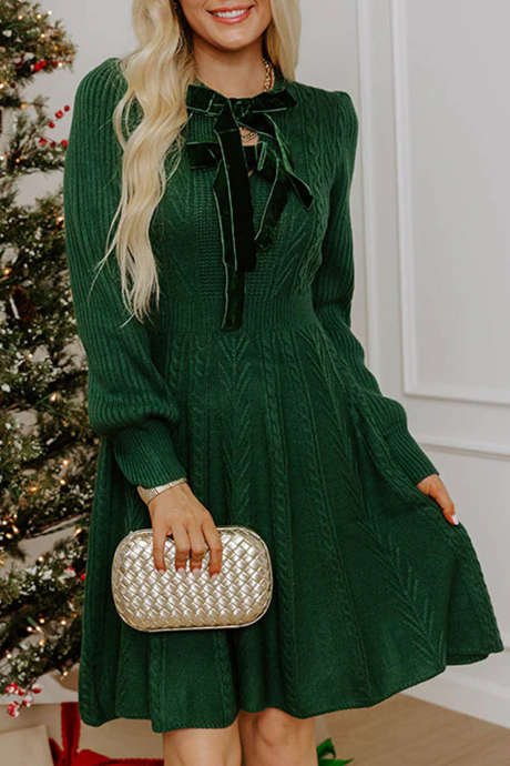 Blackish Green Casual Shift Short Sleeve Knot Sweater Dress