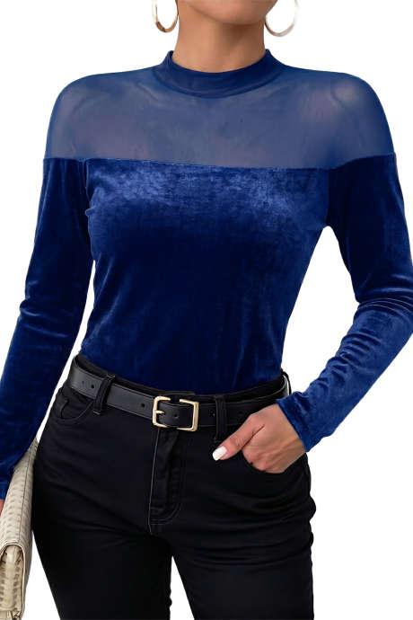 Navy Blue Long Sleeve Sheer Neck Casual Pullover Top