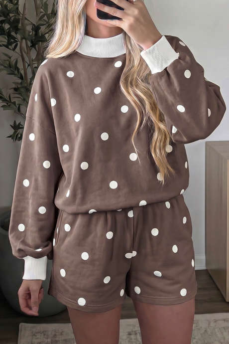 Braunes Langarmshirt mit Polka-Dots und Rippstrickbündchen, lässiges Shorts-Set