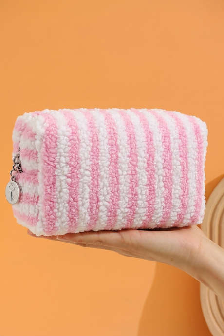 Trousse de toilette rose en microfibre à rayures pelucheuses avec porte-clés et fermeture éclair BH031867-P10