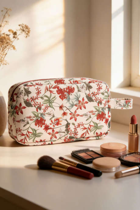Trousse de toilette de voyage en toile rouge à motif floral résistant avec fermeture éclair BH031868-P3