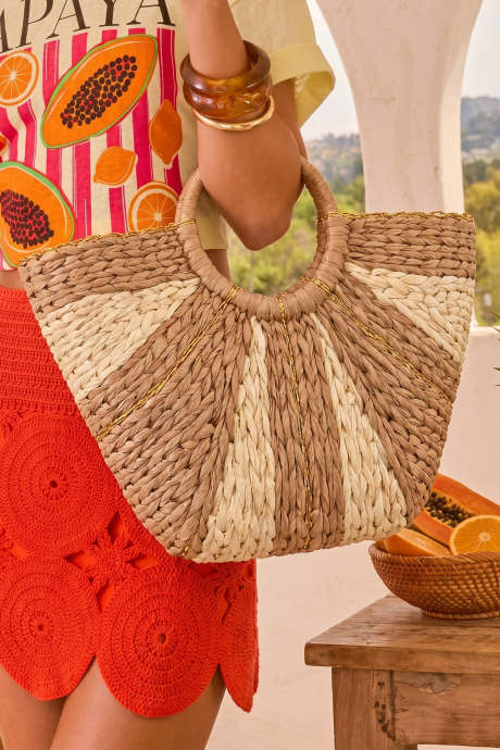 Sac cabas en paille tressée à la main, couleur beige clair, en forme d'éventail, BH031750-P4016