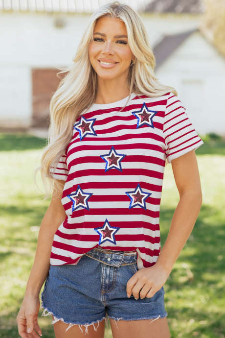 Red Stripe Contrast Sleeves Sequin Stars Patriotic T Shirt
