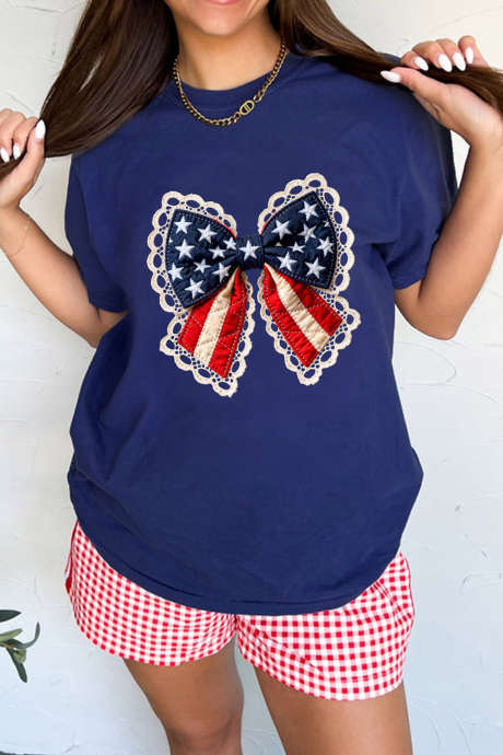 Blue Faux Patchwork Patriotic Bow Graphic Tee