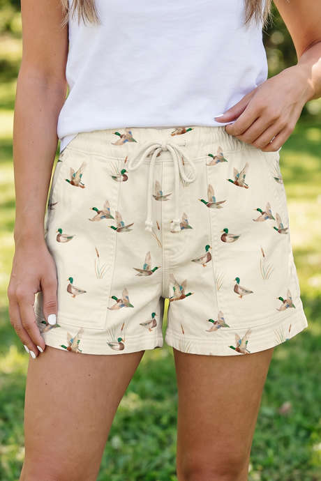 Short en jean beige à cordon de serrage imprimé canard colvert LC7832550-P1520