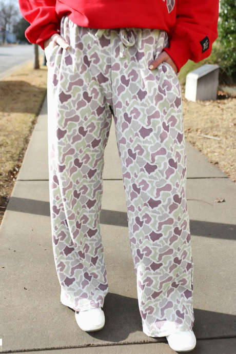 Green Camo Print Waffled Drawstring Waist Casual Pants
