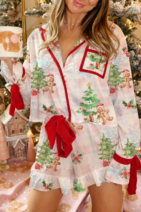 Setelan Santai Dua Potong Lengan Panjang Motif Abstrak Natal Warna Pink