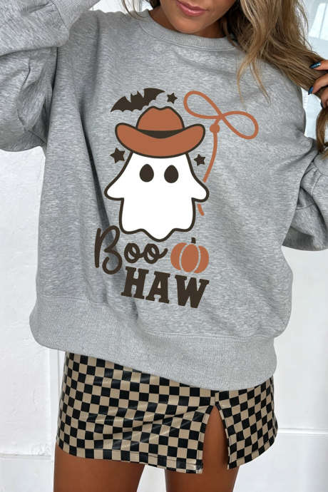 Katamtamang Kulay Abo BOO HAW Western Ghost Printed Halloween Pullover Sweatshirt