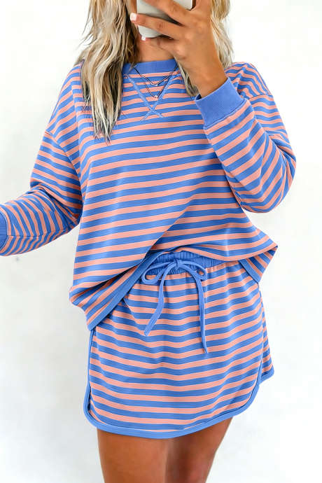 Blau gestreifter, langärmeliger, lockerer Pullover mit Kordelzug, Mini-Skort, 2-teiliges Set