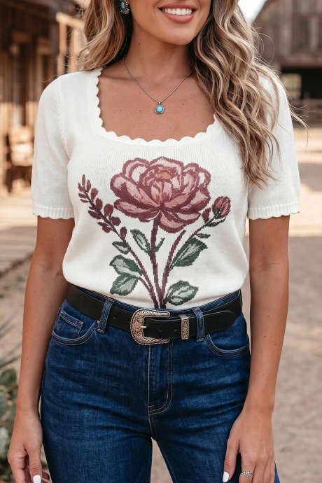 Puting Kanlurang Floral Square Collar na may Maikling Manggas na Niniting na T-Shirt